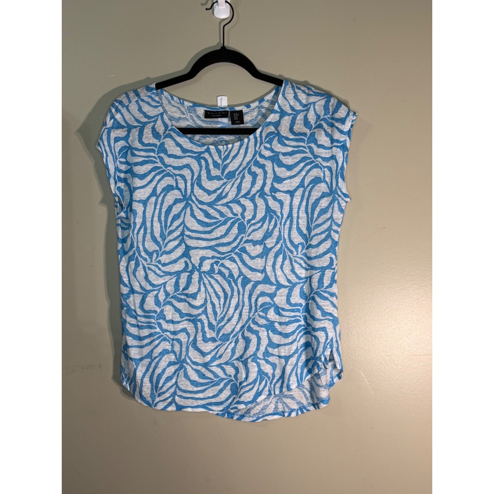 Tahari 100% Linen Blue White Abstract Print Cap Sleeve Top Medium